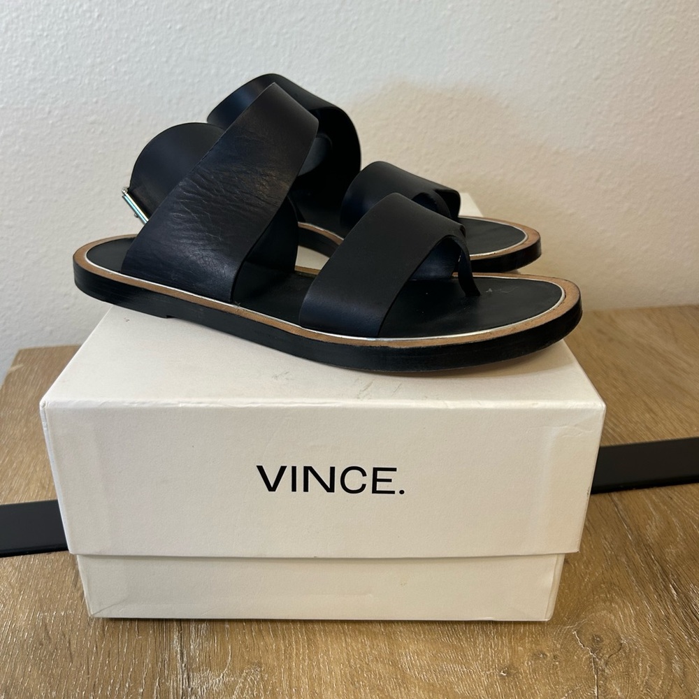 VINCE Black Leather Sandal Vero Cuoio Size 7 in box